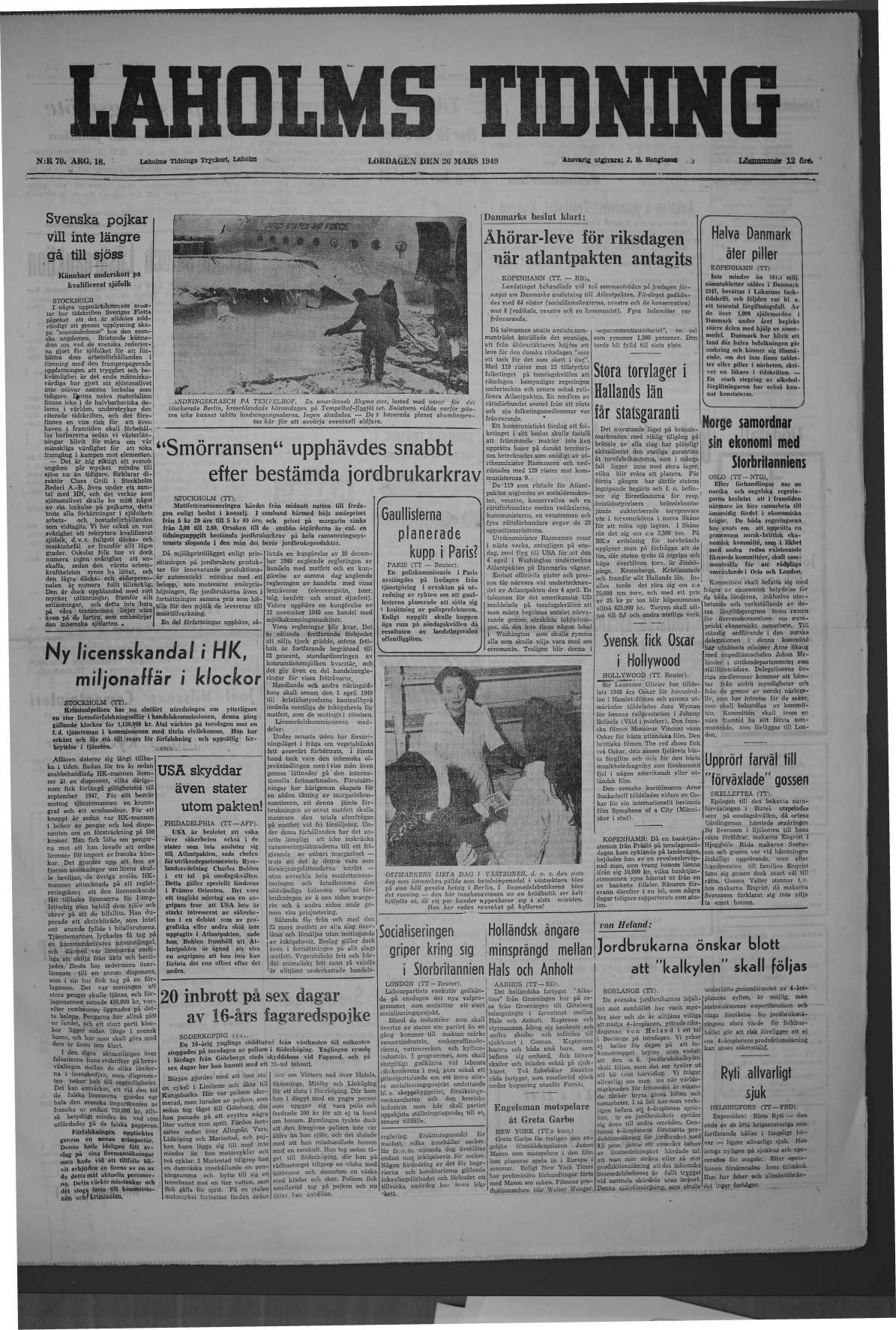 Laholms Tidning Lördag 26 mars 1949, sida 1