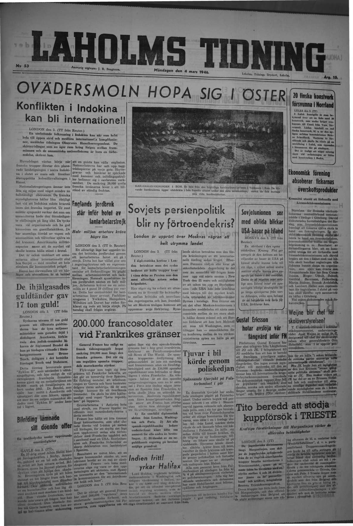 Laholms Tidning Måndag 4 mars 1946, sida 1