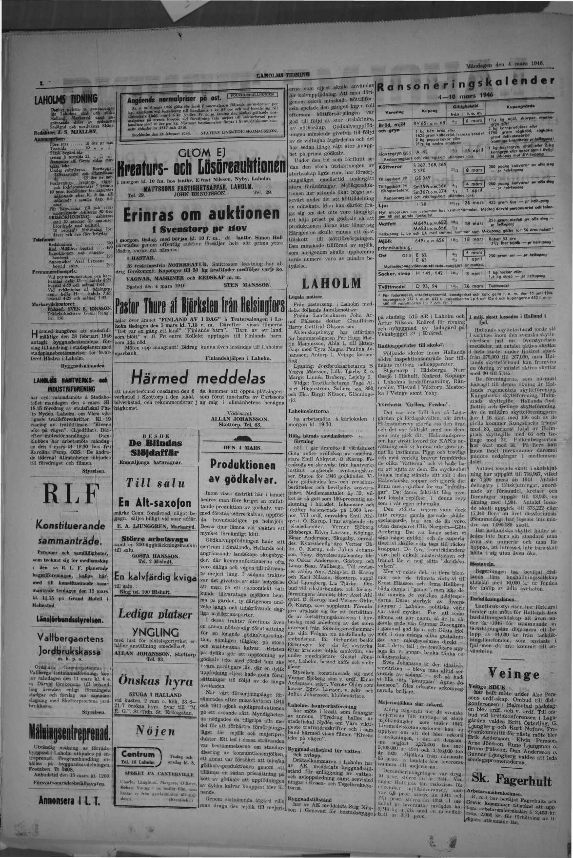 Laholms Tidning Måndag 4 mars 1946, sida 2