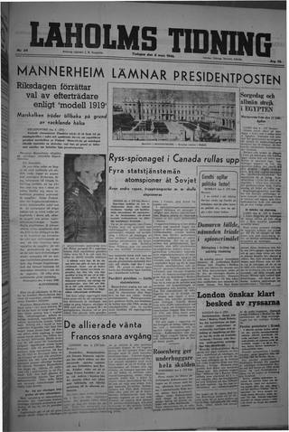 Förstasidan, Tisdag 5 mars 1946