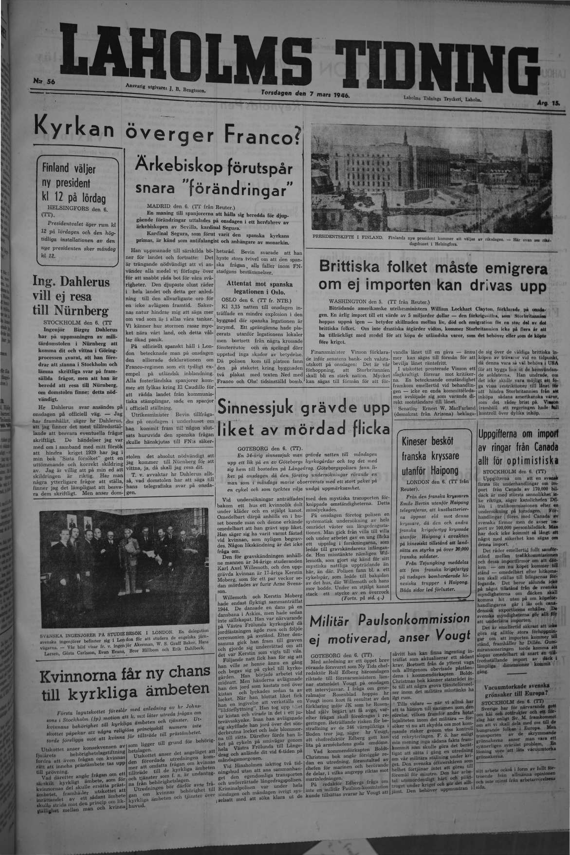 Laholms Tidning Torsdag 7 mars 1946, sida 1