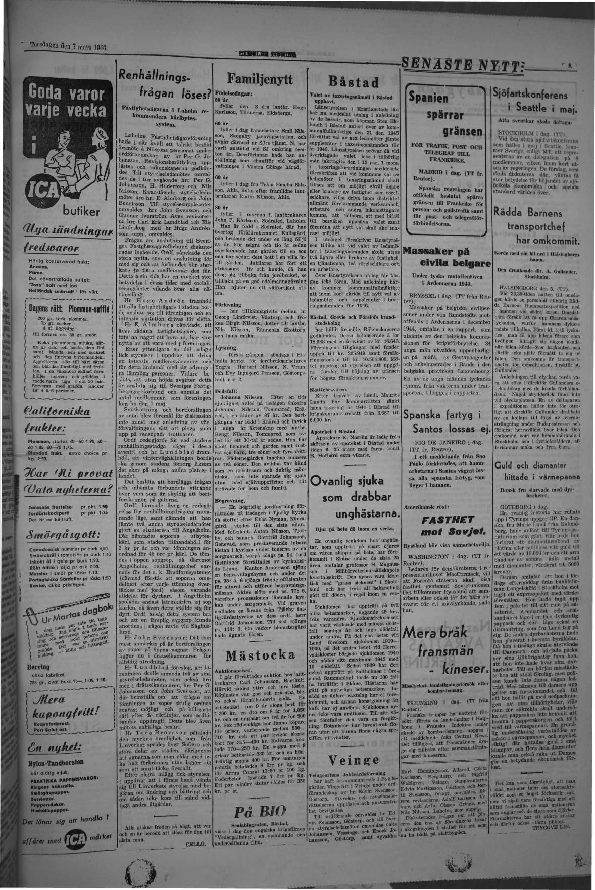 Laholms Tidning Torsdag 7 mars 1946, sida 3