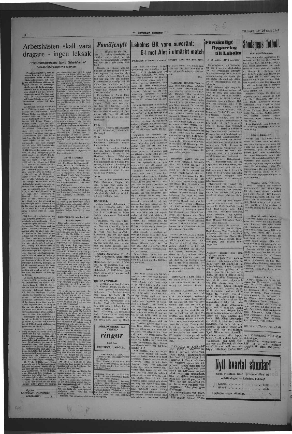 Laholms Tidning Lördag 26 mars 1949, sida 4