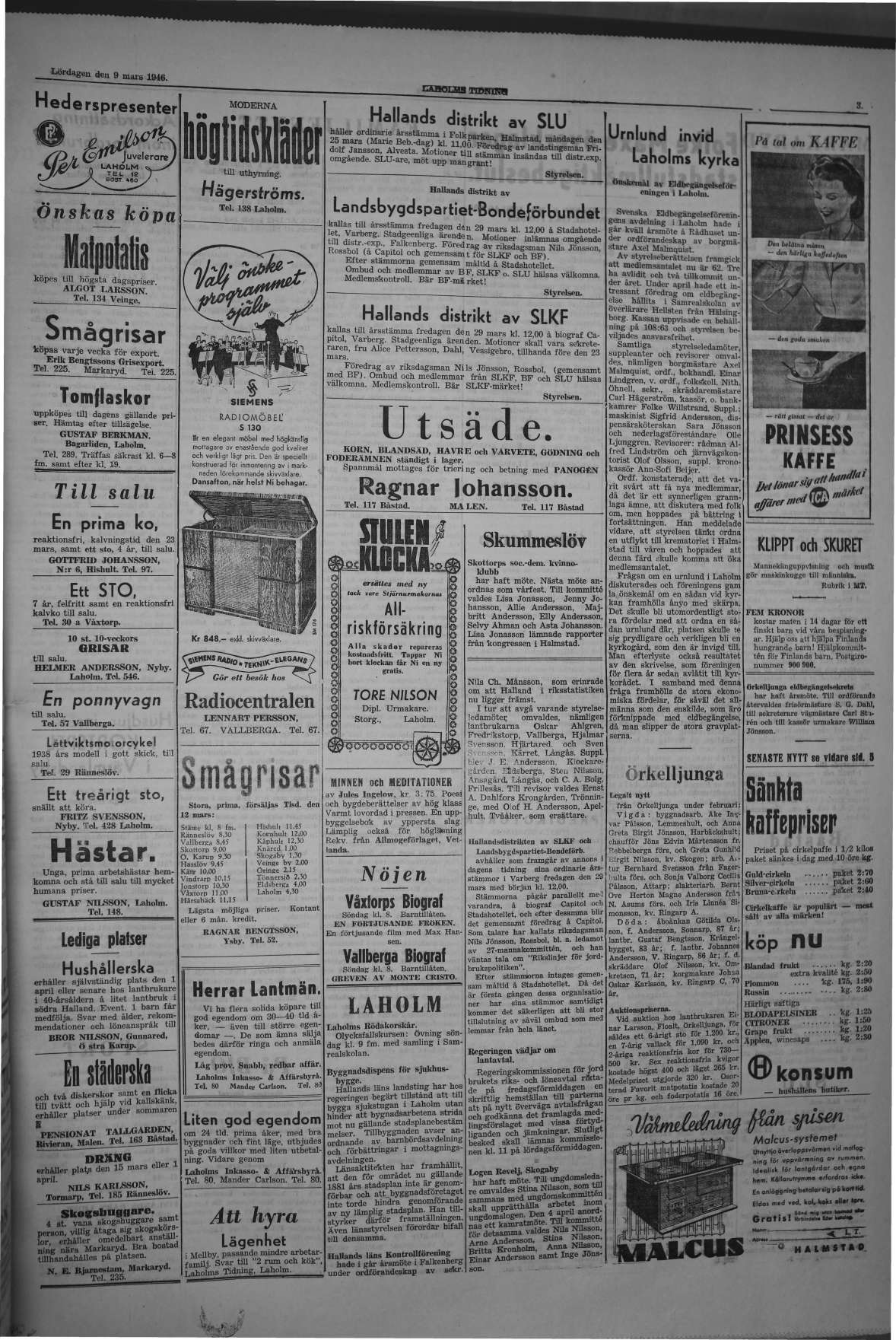 Laholms Tidning Lördag 9 mars 1946, sida 3