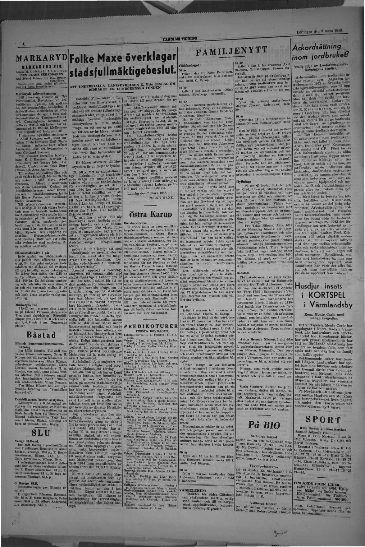 Laholms Tidning Lördag 9 mars 1946, sida 4