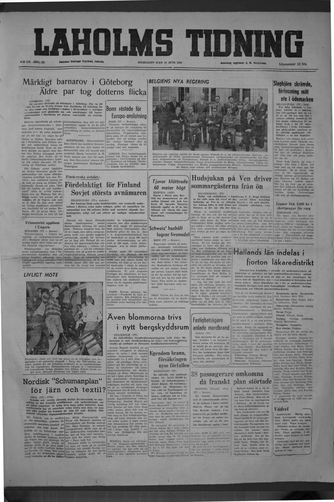 Laholms Tidning Onsdag 14 juni 1950, sida 1