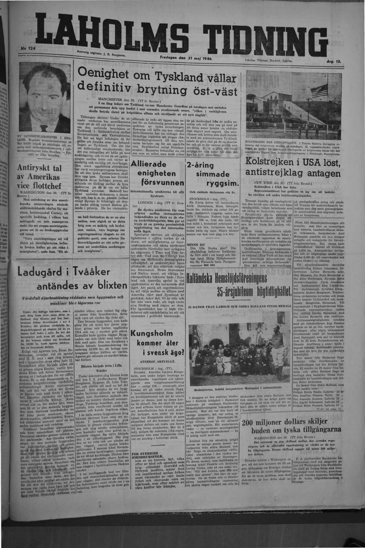 Laholms Tidning Fredag 31 maj 1946, sida 1