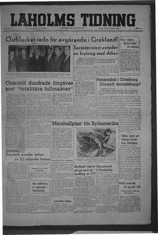 Förstasidan, Lördag 9 augusti 1947