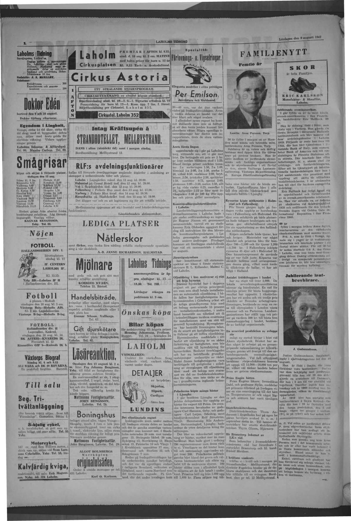 Laholms Tidning Lördag 9 augusti 1947, sida 2