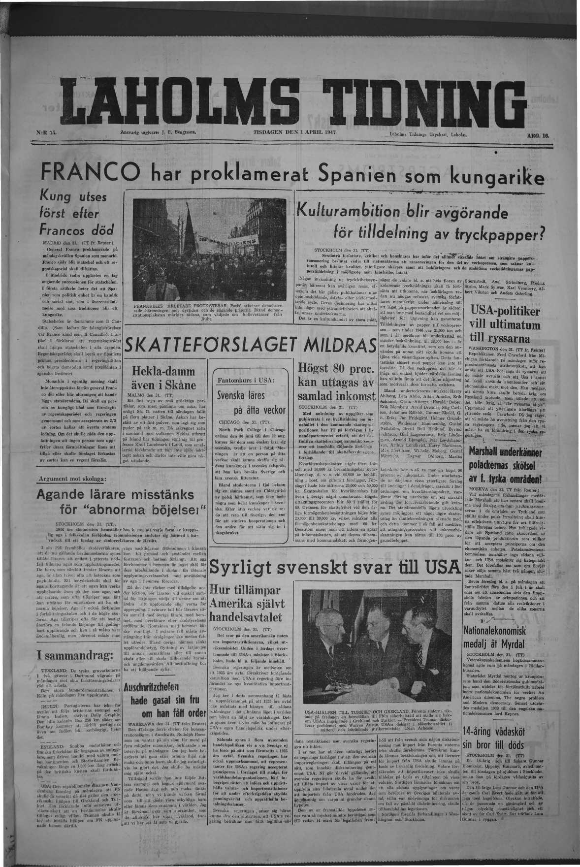 Laholms Tidning Tisdag 1 april 1947, sida 1