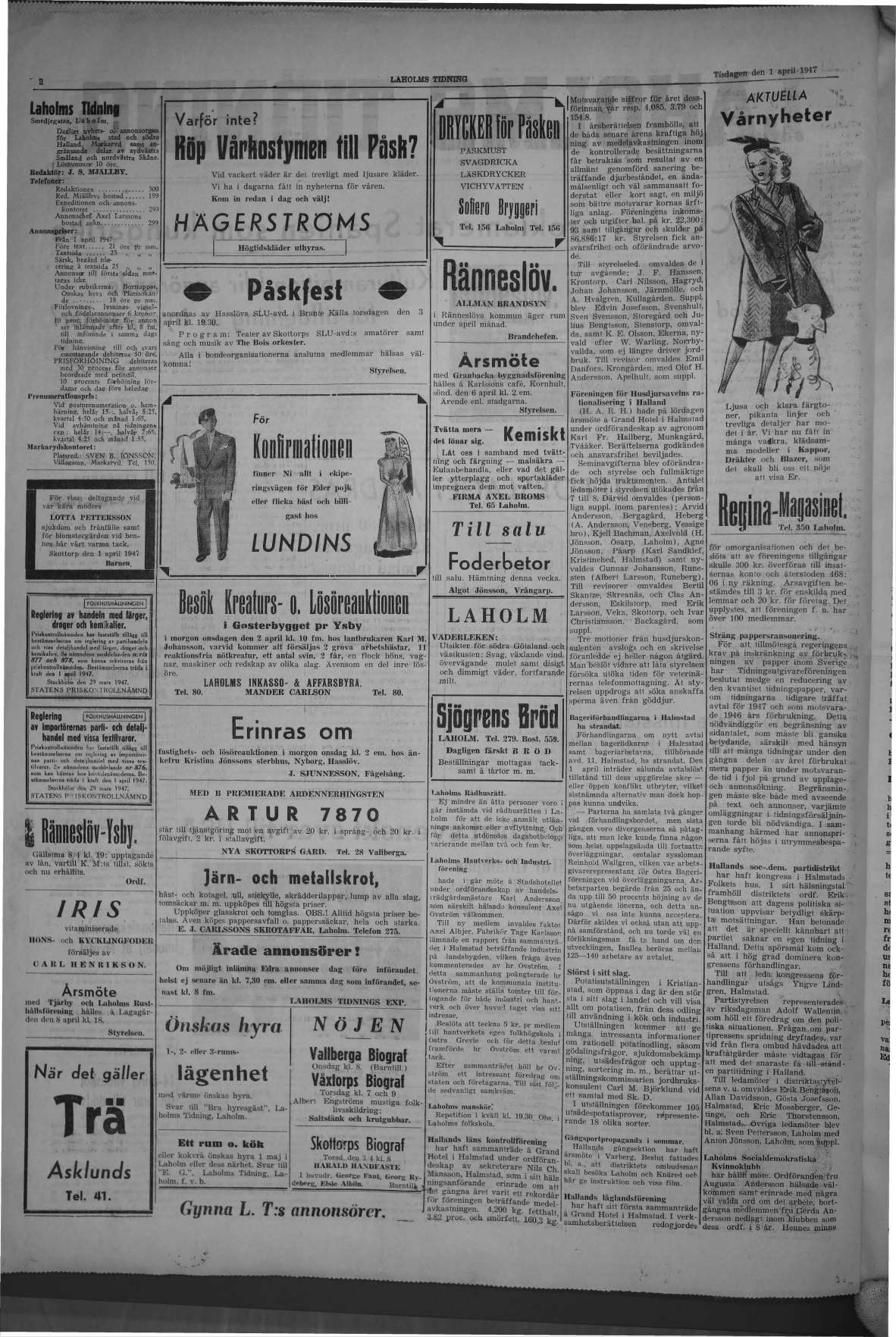 Laholms Tidning Tisdag 1 april 1947, sida 3