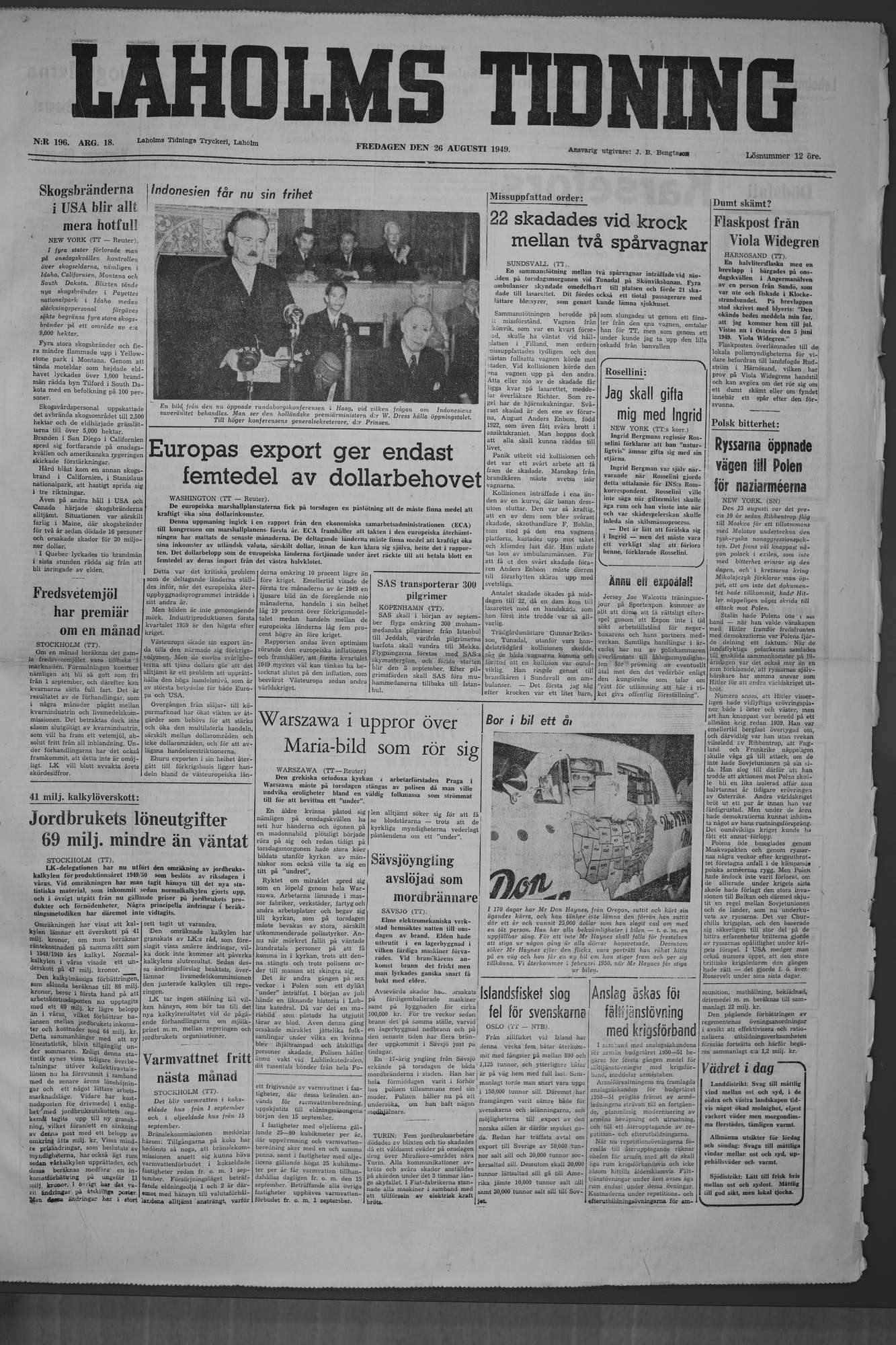 Laholms Tidning Fredag 26 augusti 1949, sida 1