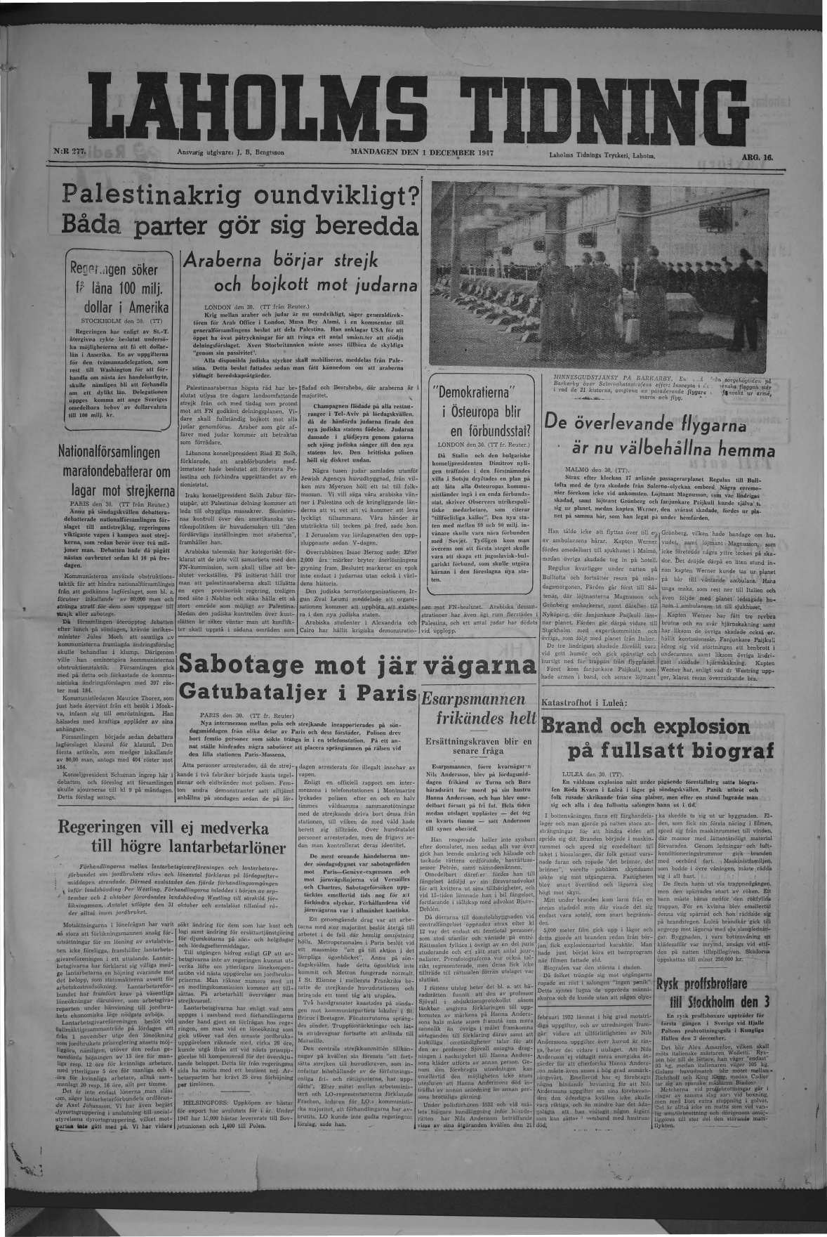 Laholms Tidning Måndag 1 december 1947, sida 1