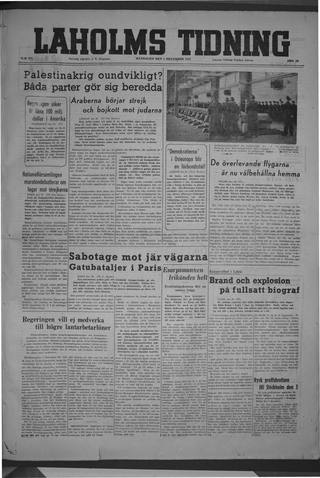 Förstasidan, Måndag 1 december 1947
