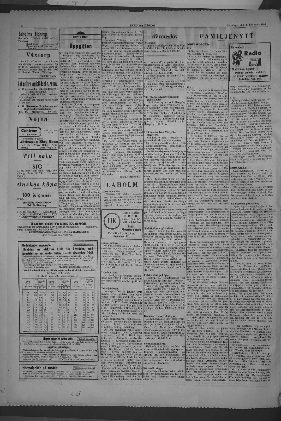 Laholms Tidning Måndag 1 december 1947, sida 2