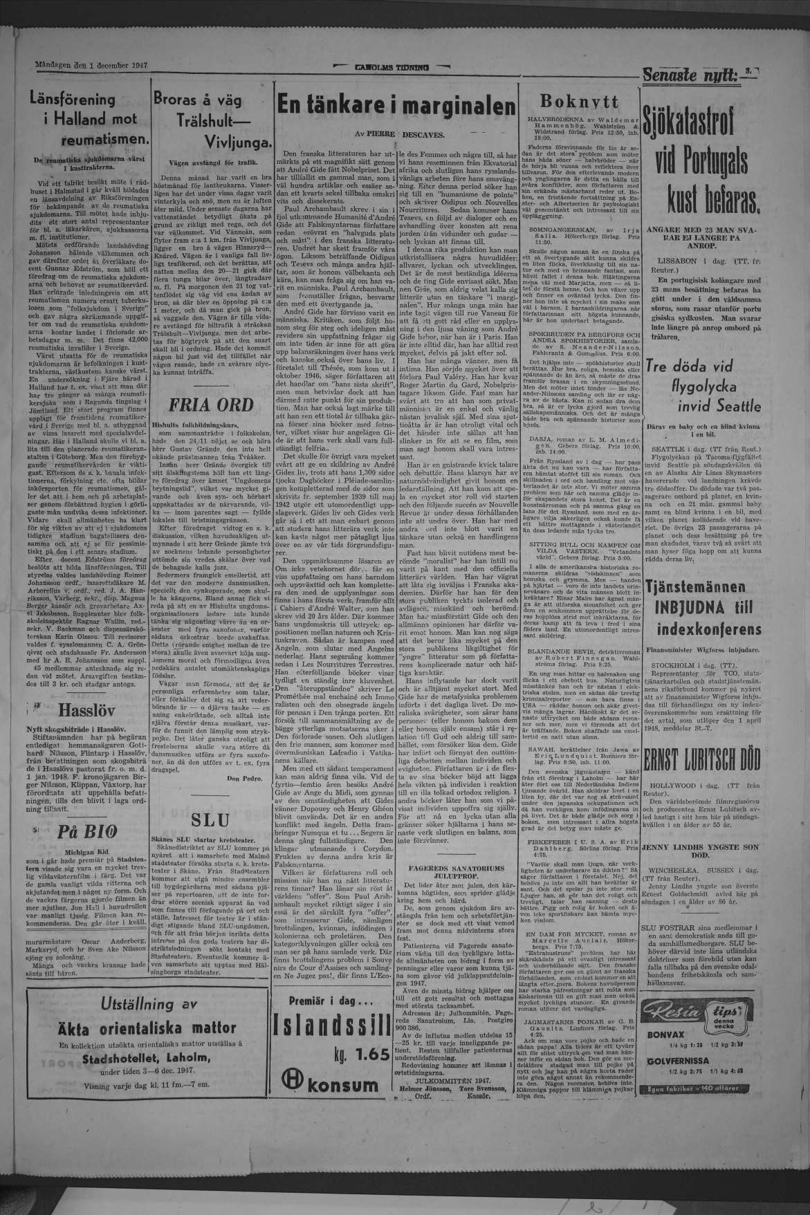Laholms Tidning Måndag 1 december 1947, sida 3