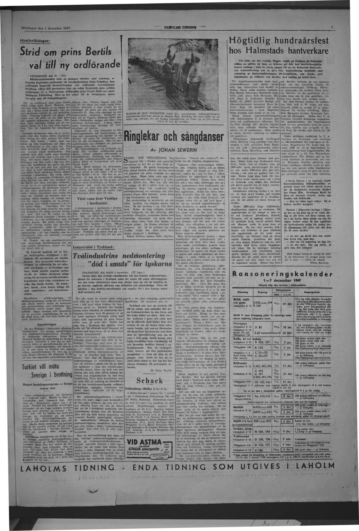 Laholms Tidning Måndag 1 december 1947, sida 5