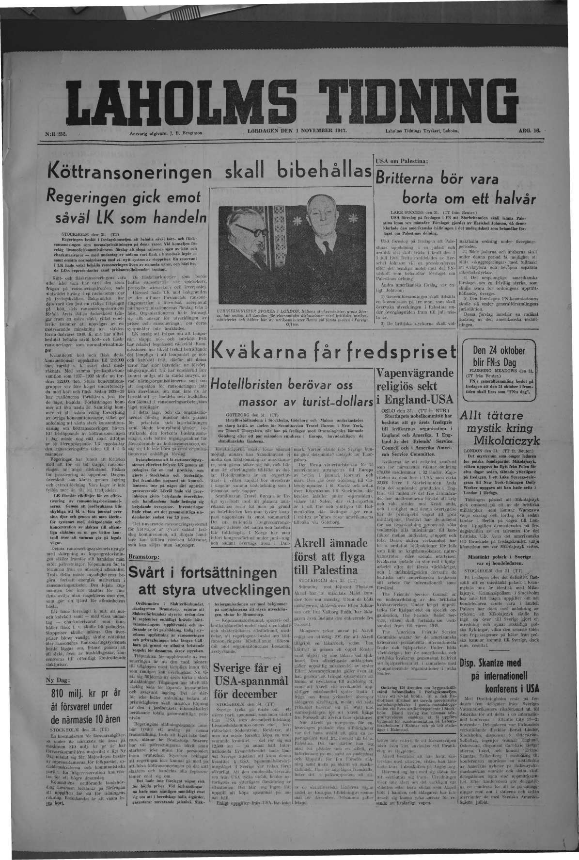 Laholms Tidning Lördag 1 november 1947, sida 1