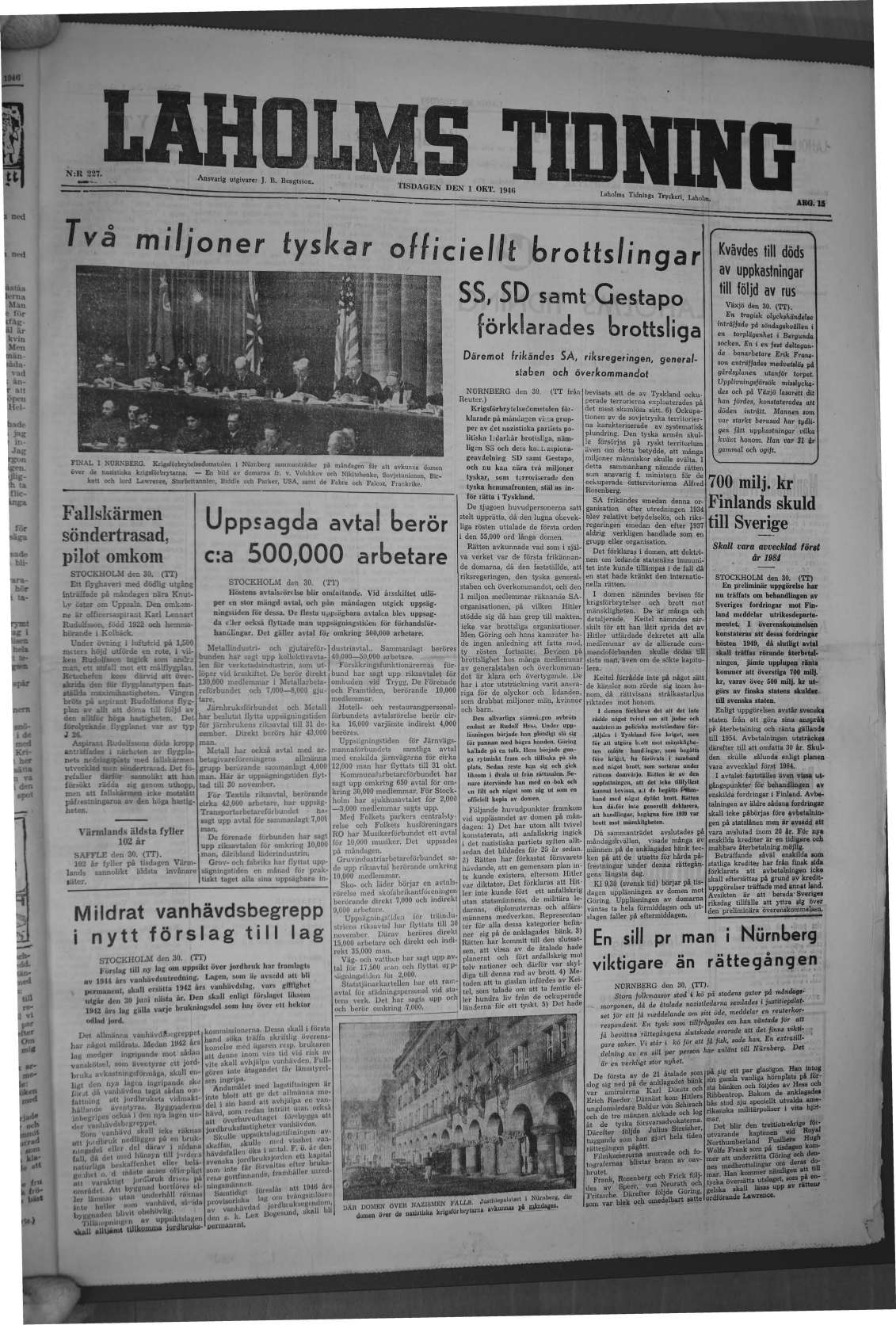 Laholms Tidning Tisdag 1 oktober 1946, sida 1