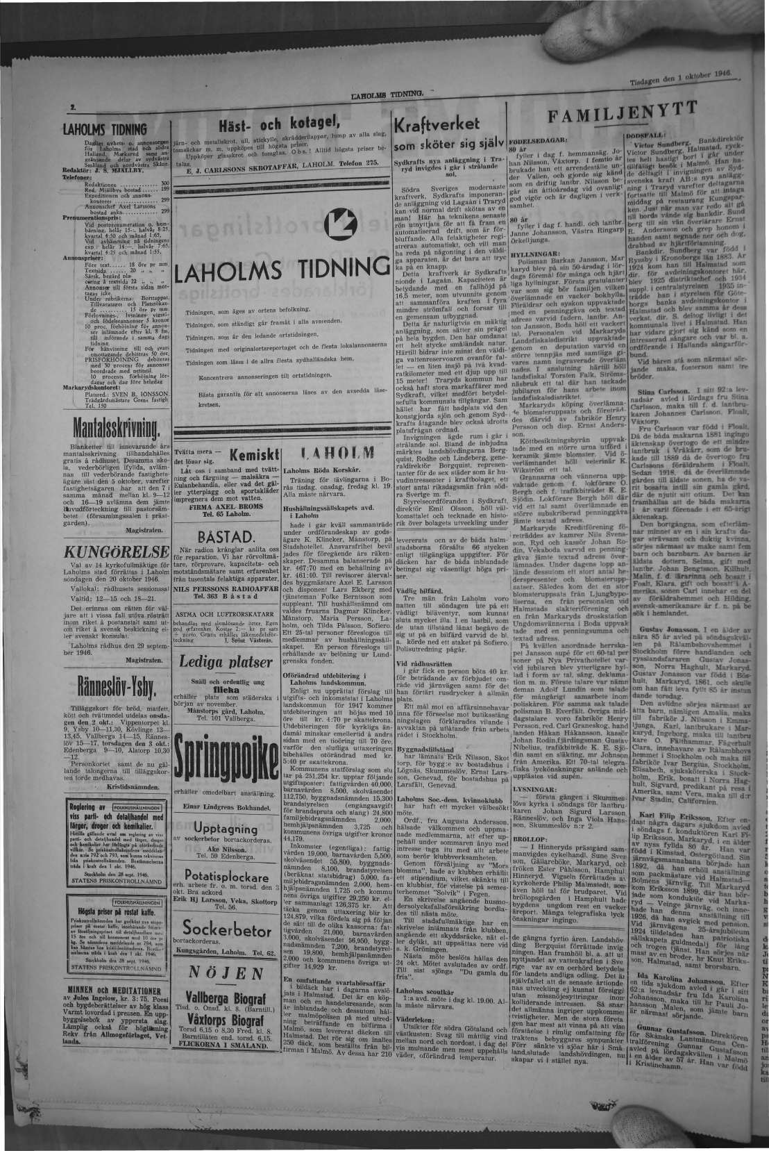 Laholms Tidning Tisdag 1 oktober 1946, sida 2