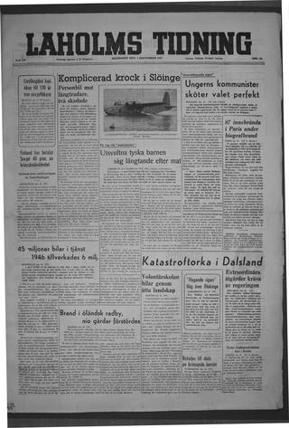 Förstasidan, Måndag 1 september 1947