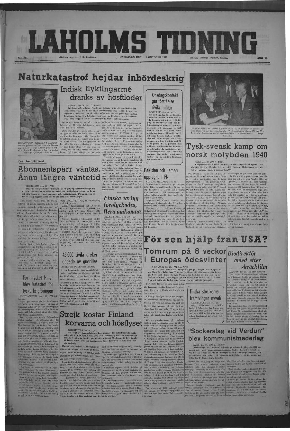 Laholms Tidning Onsdag 1 oktober 1947, sida 1