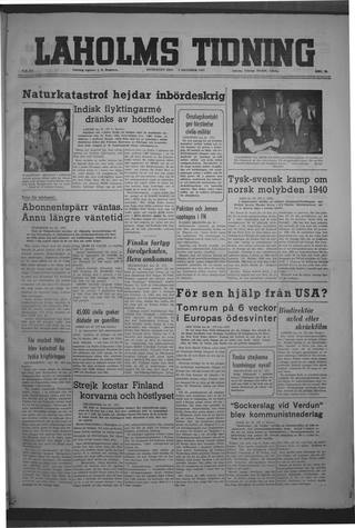 Förstasidan, Onsdag 1 oktober 1947