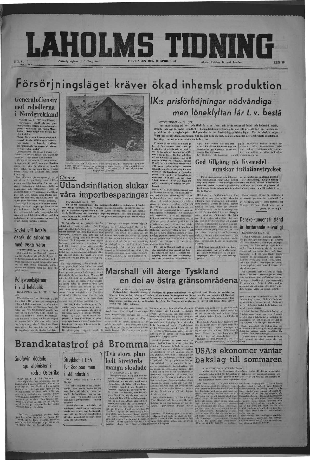 Laholms Tidning Torsdag 10 april 1947, sida 1