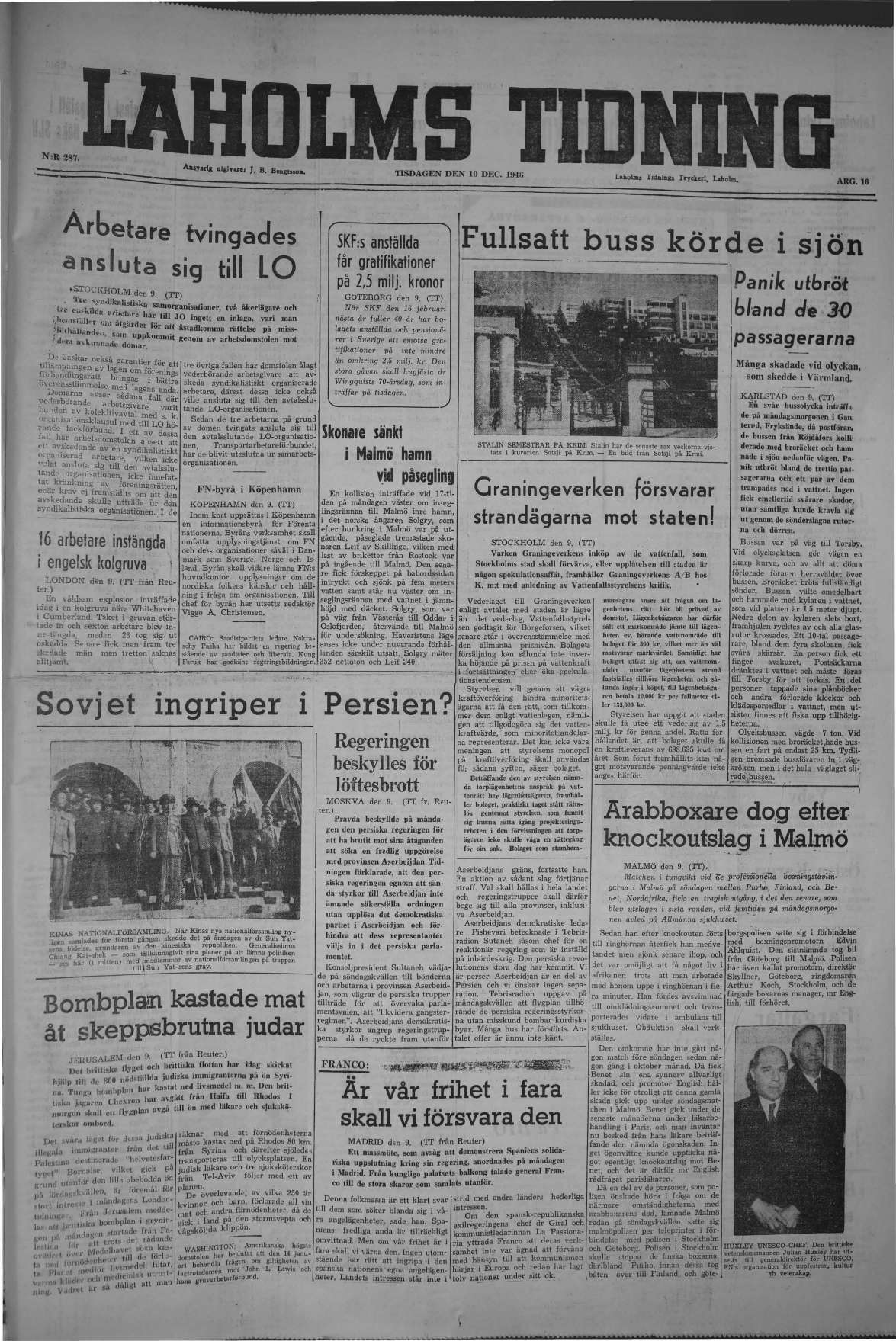 Laholms Tidning Tisdag 10 december 1946, sida 1