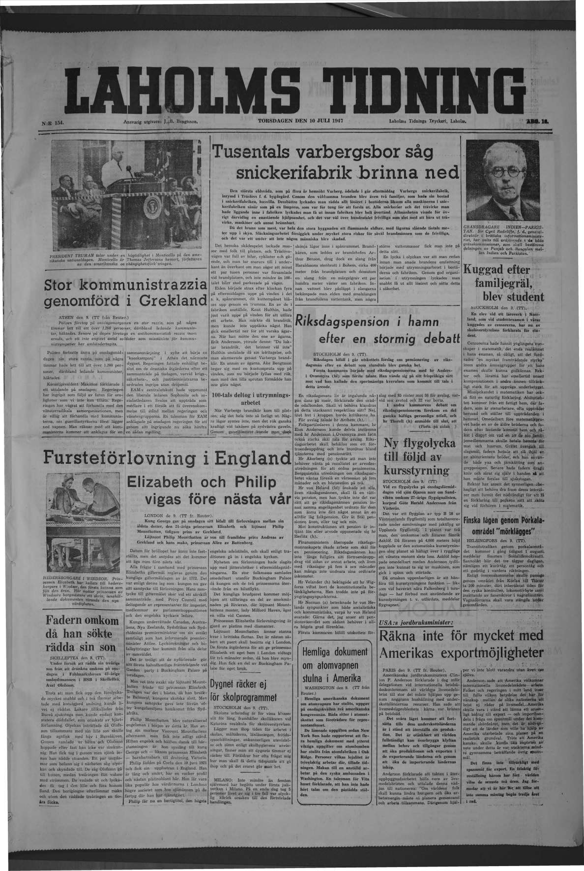 Laholms Tidning Torsdag 10 juli 1947, sida 1