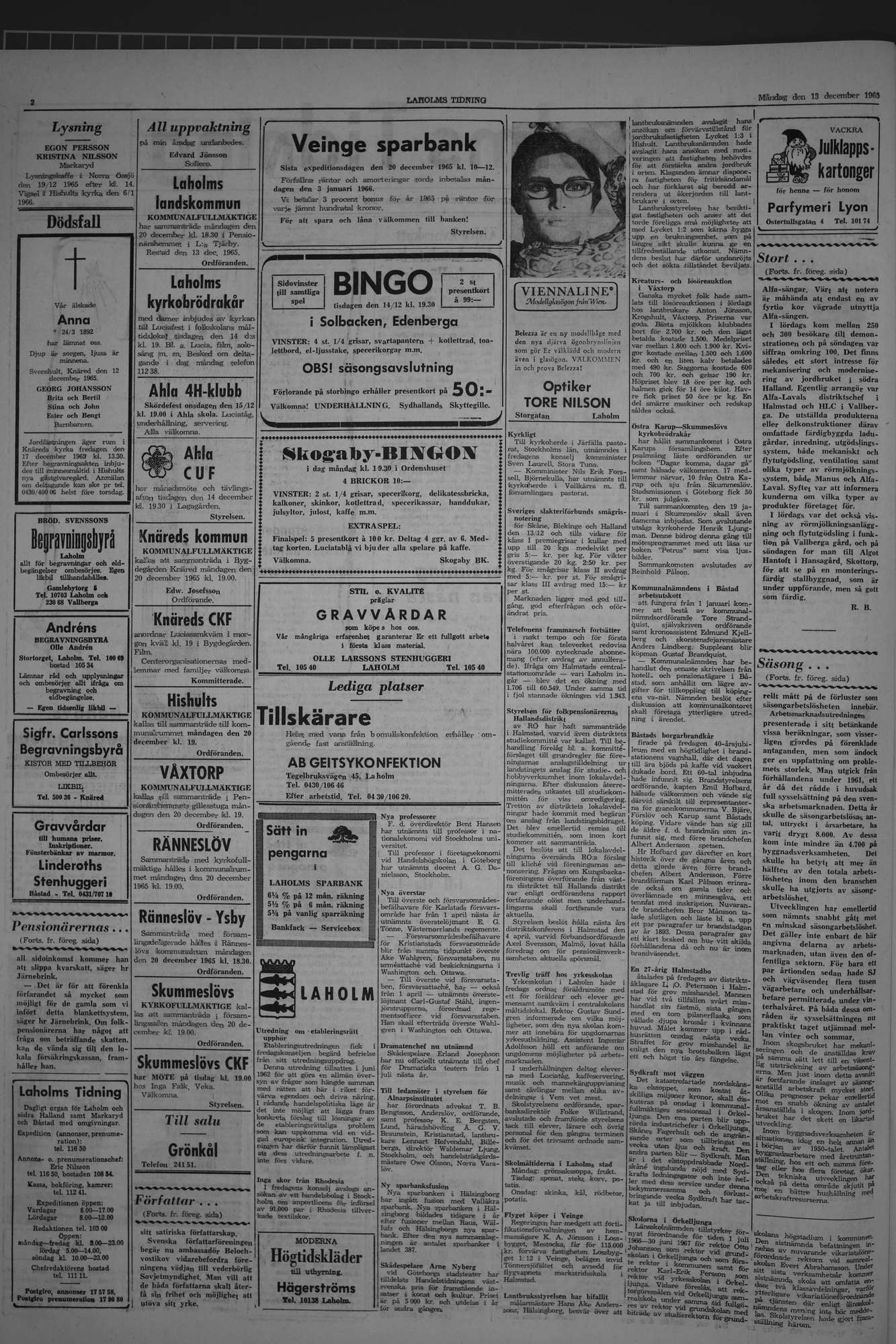 Laholms Tidning Måndag 13 december 1965, sida 2