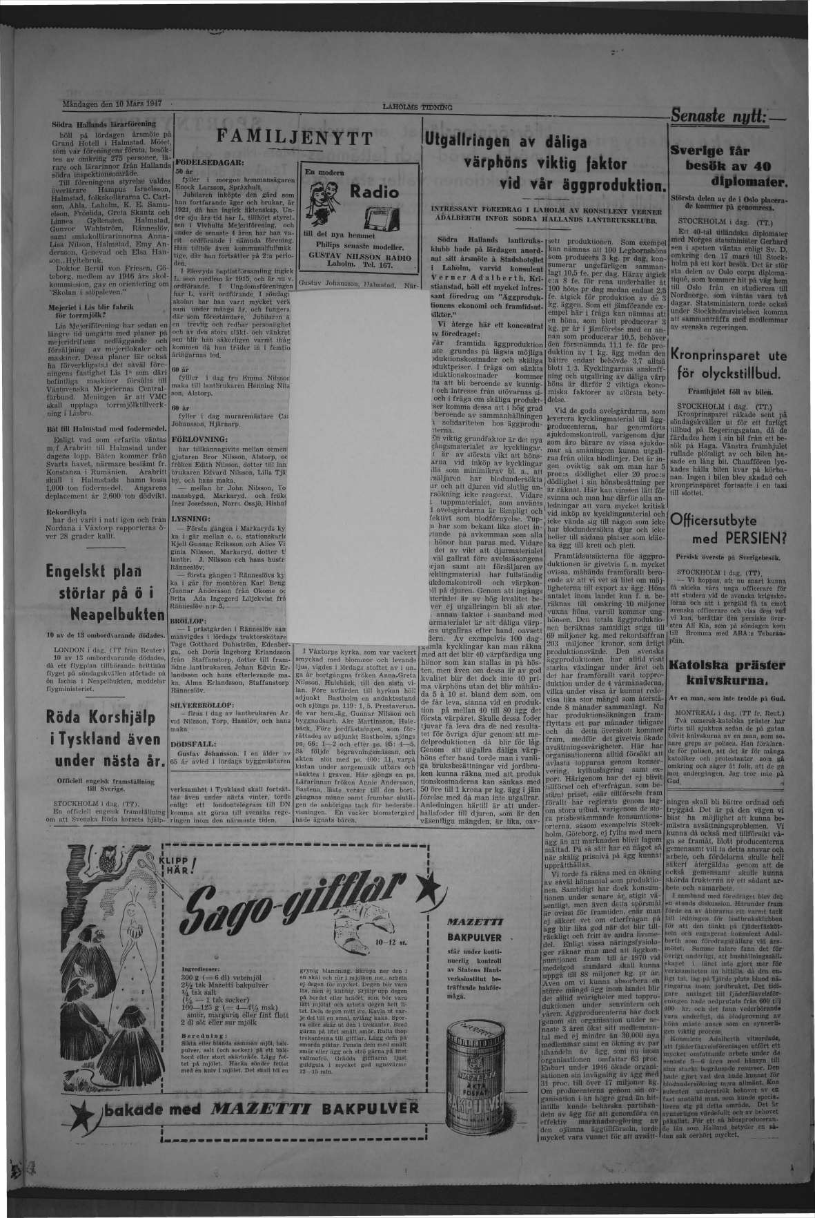 Laholms Tidning Måndag 10 mars 1947, sida 3