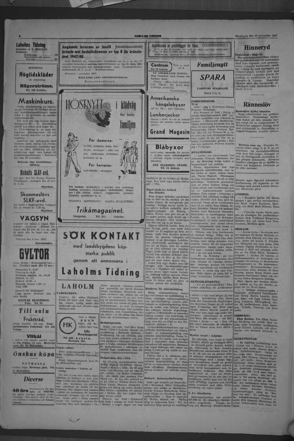 Laholms Tidning Måndag 10 november 1947, sida 2