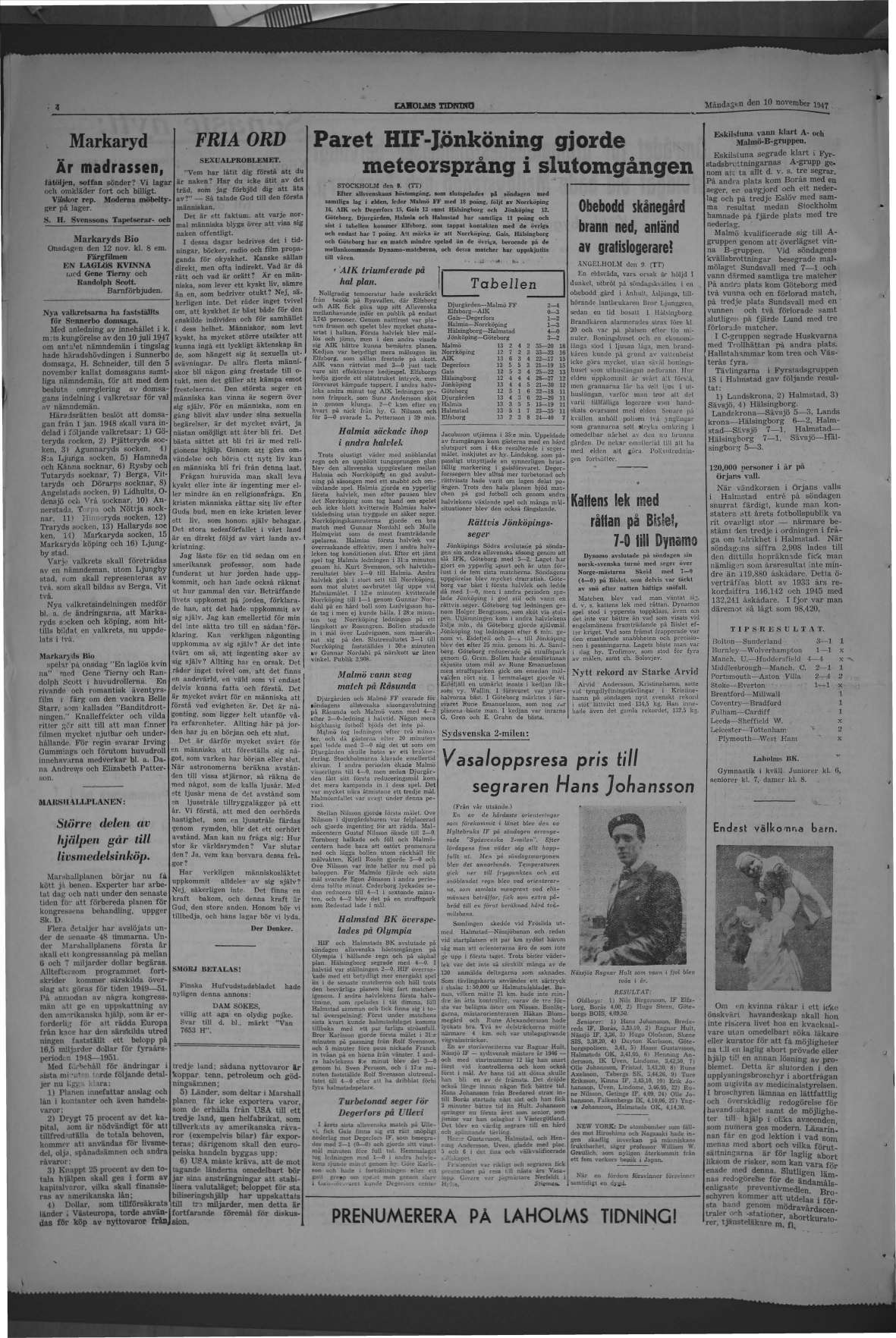 Laholms Tidning Måndag 10 november 1947, sida 4