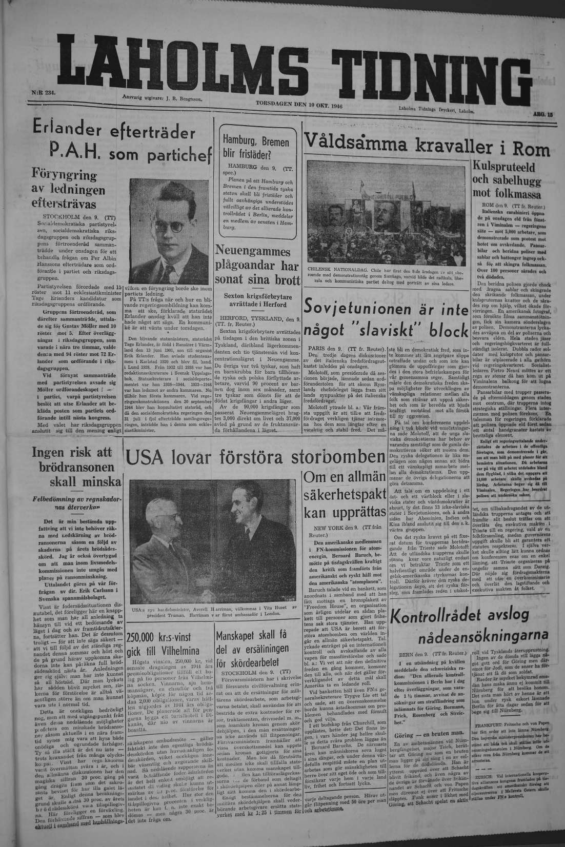 Laholms Tidning Torsdag 10 oktober 1946, sida 1