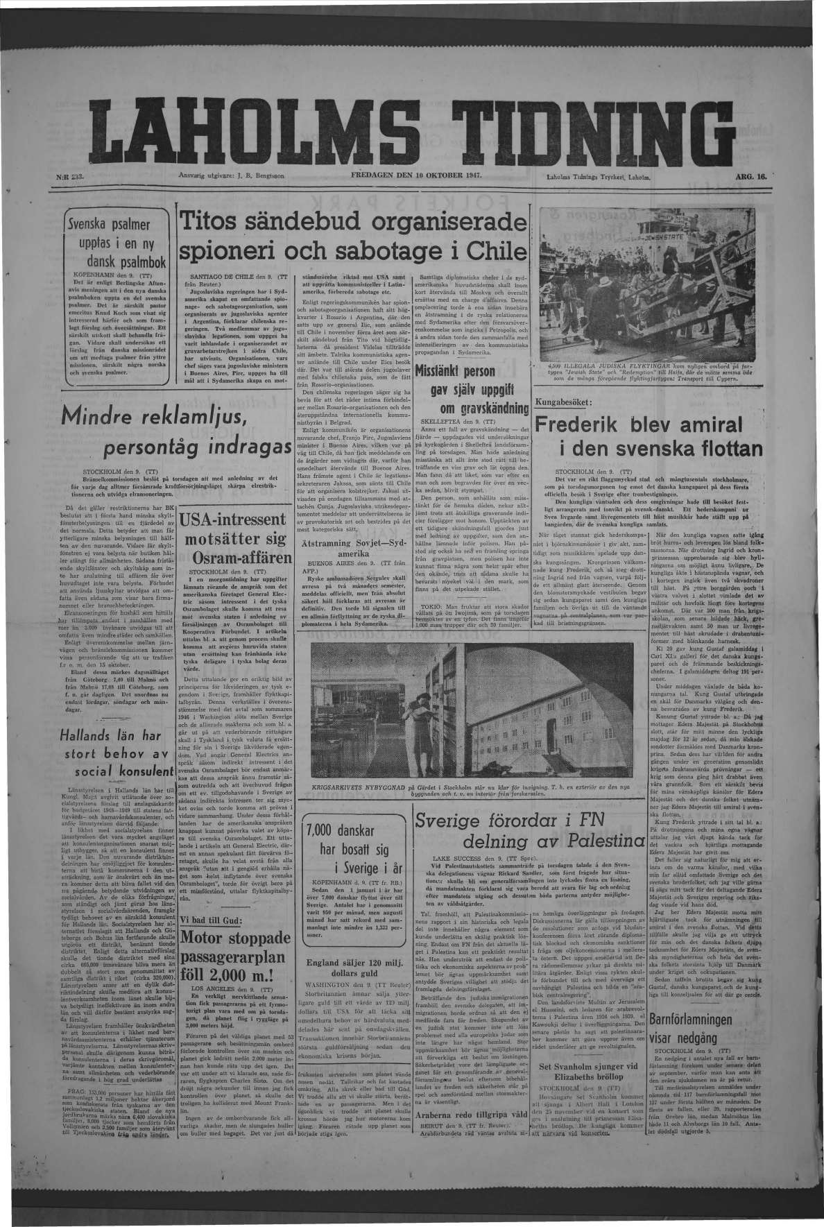Laholms Tidning Fredag 10 oktober 1947, sida 1