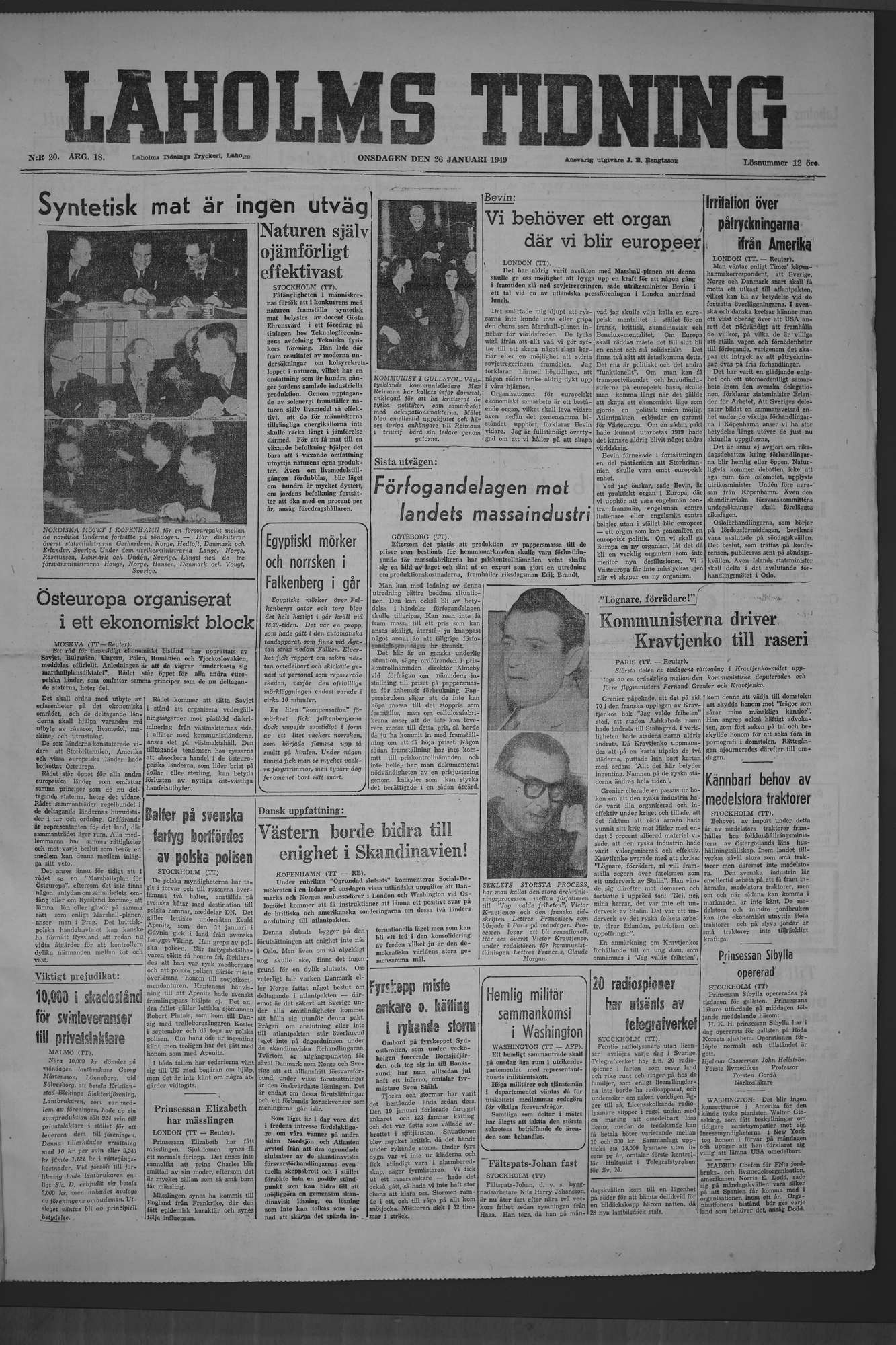 Laholms Tidning Onsdag 26 januari 1949, sida 1