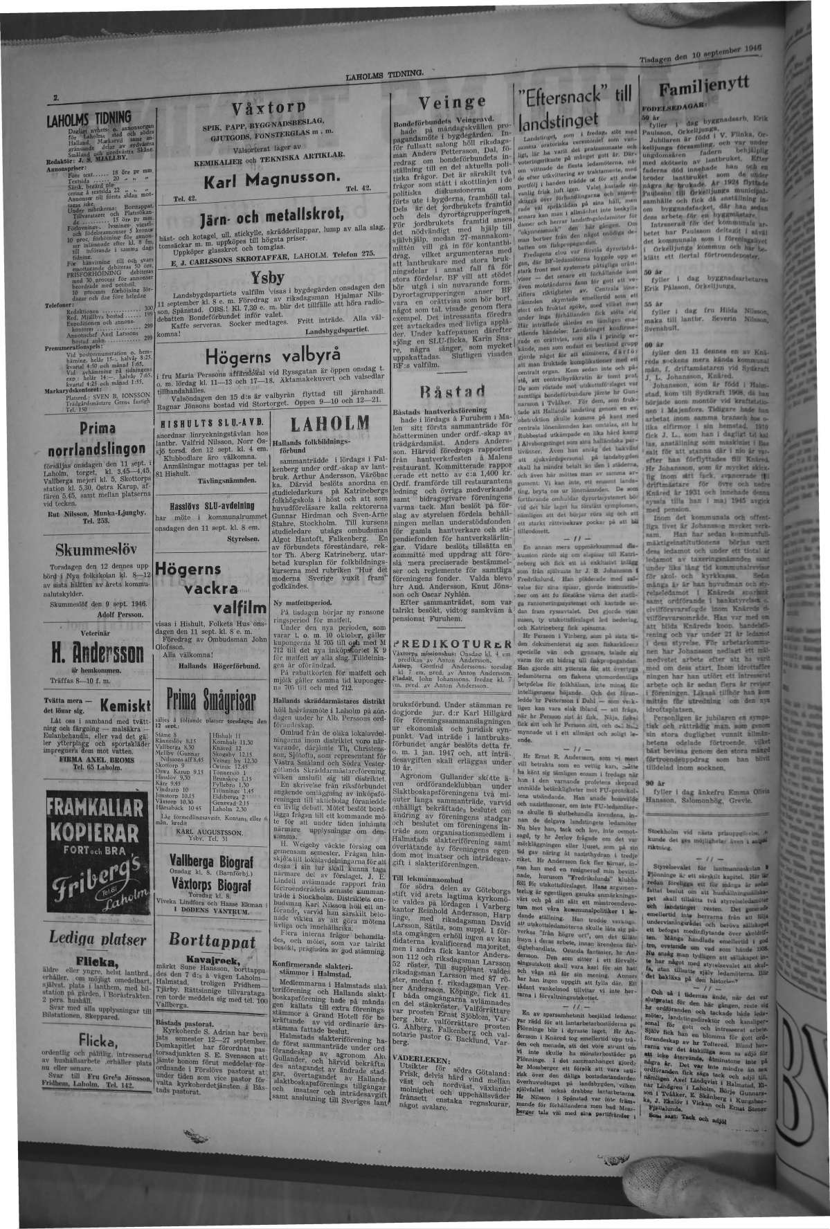 Laholms Tidning Tisdag 10 september 1946, sida 2