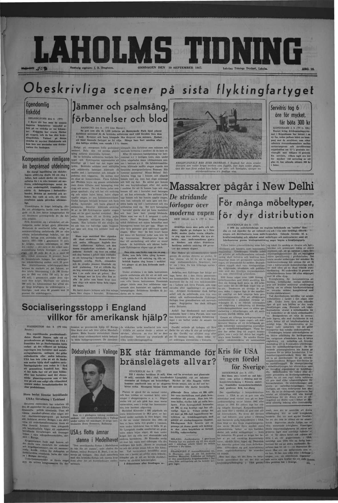 Laholms Tidning Onsdag 10 september 1947, sida 1