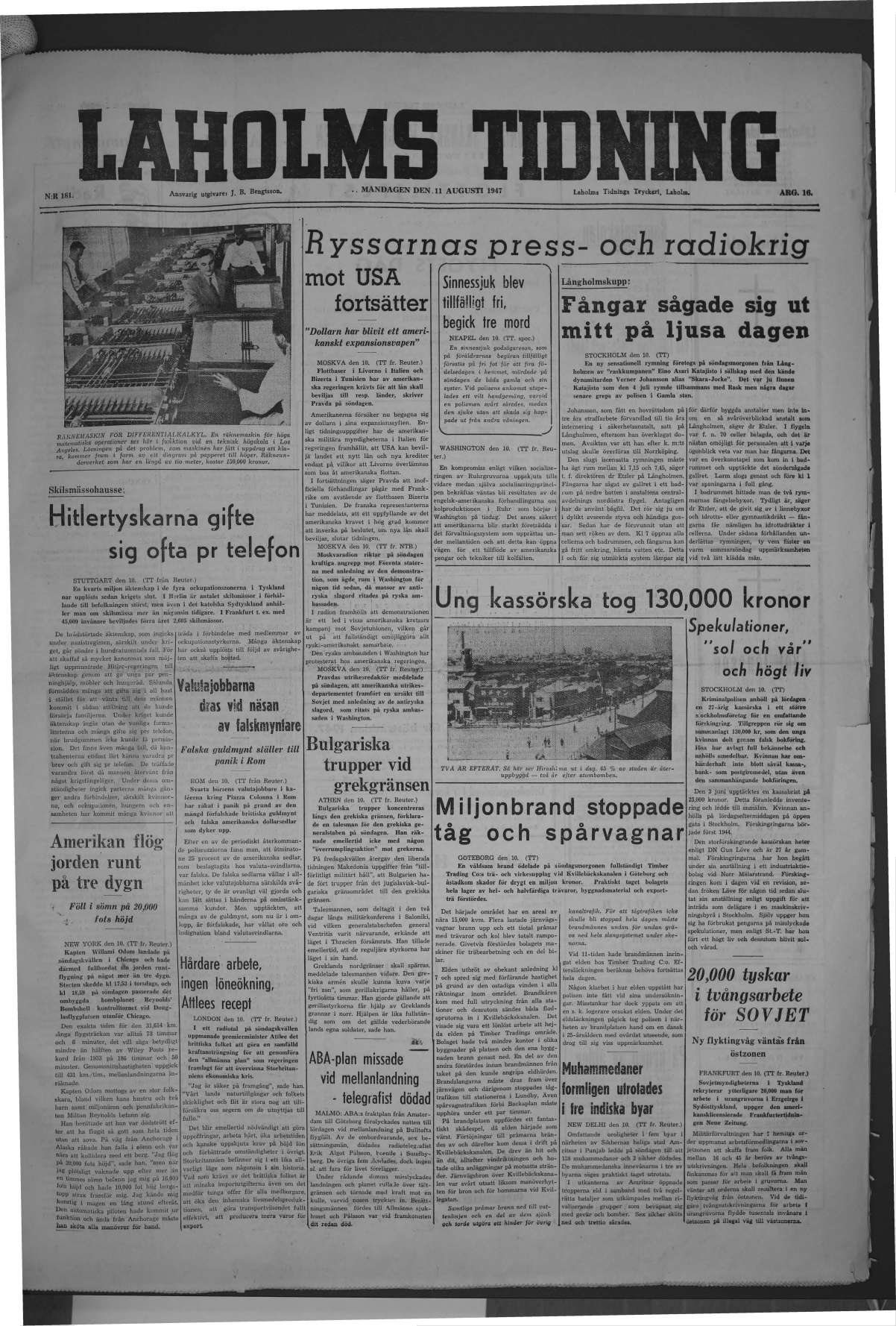Laholms Tidning Måndag 11 augusti 1947, sida 1
