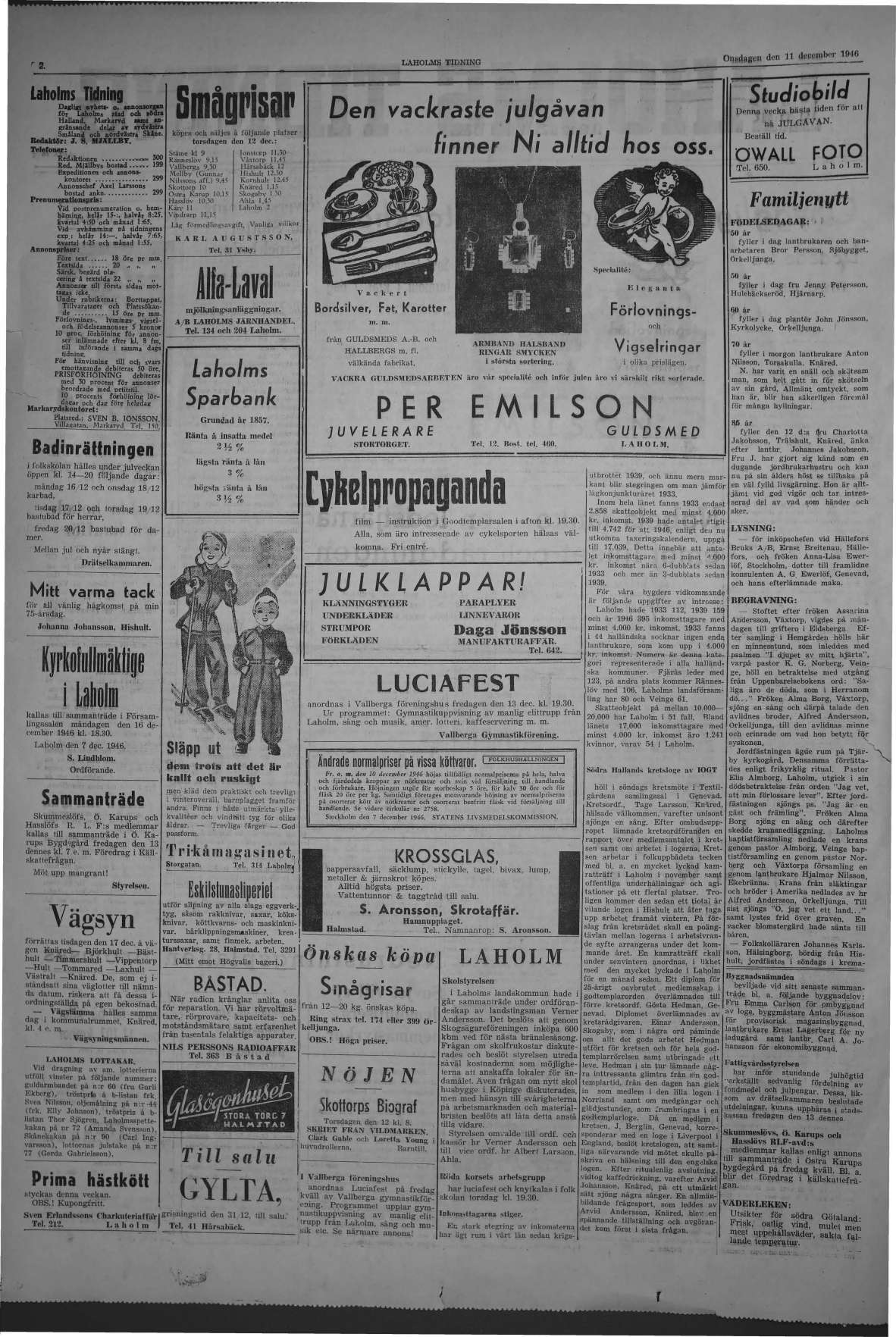 Laholms Tidning Onsdag 11 december 1946, sida 2
