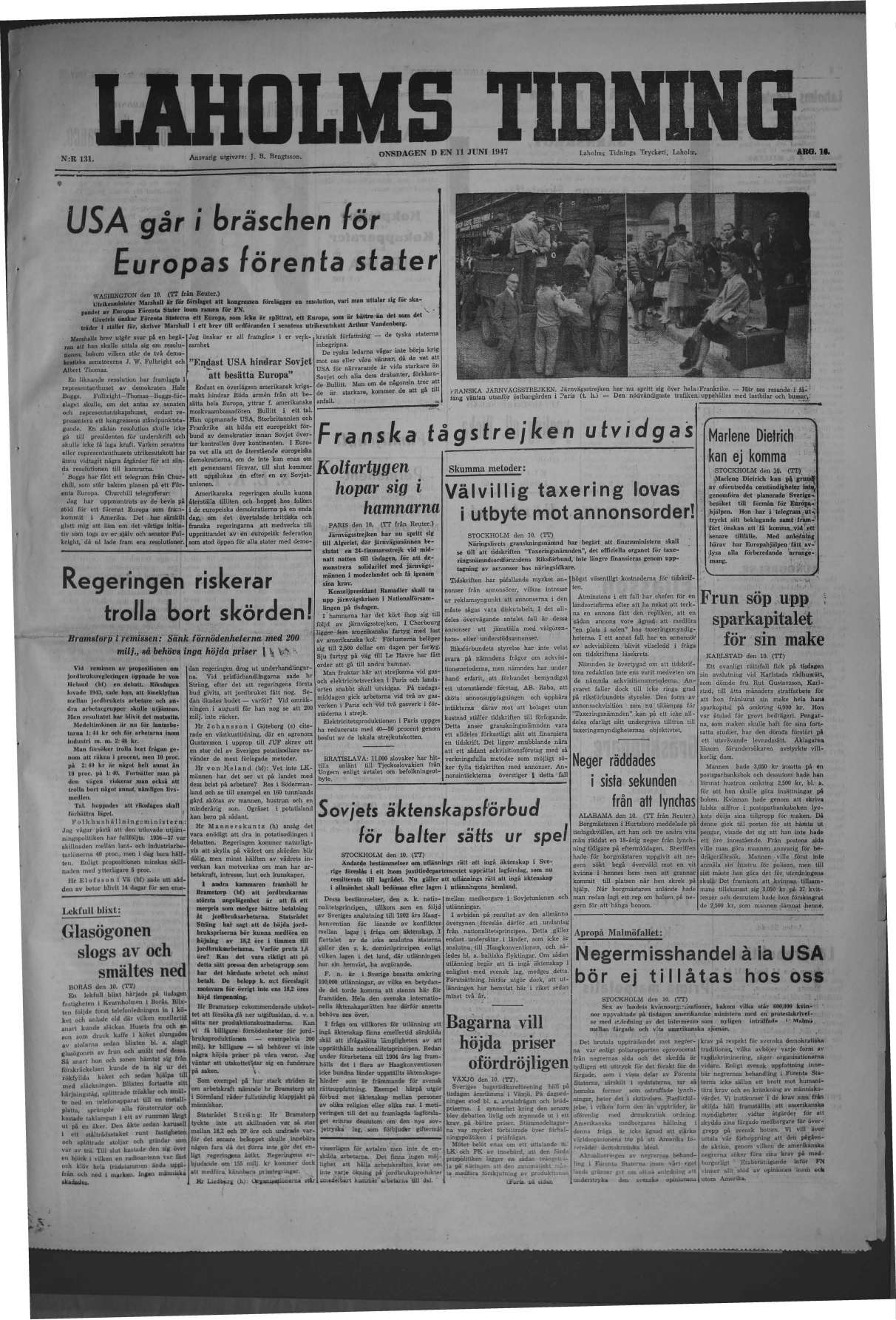 Laholms Tidning Onsdag 11 juni 1947, sida 1