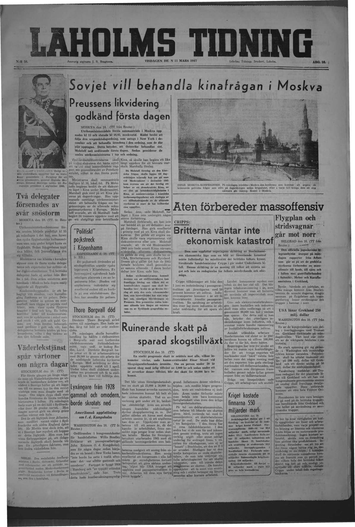 Laholms Tidning Tisdag 11 mars 1947, sida 1