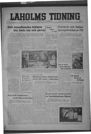 Förstasidan, Tisdag 11 november 1947