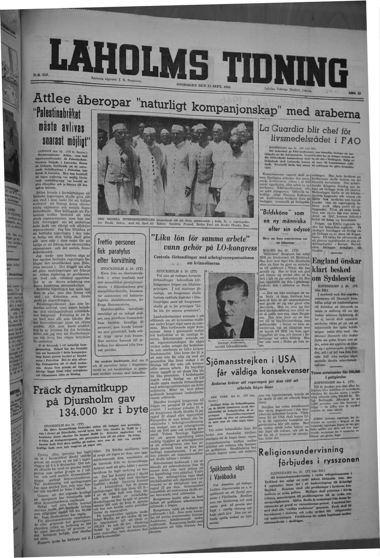 Laholms Tidning Onsdag 11 september 1946, sida 1