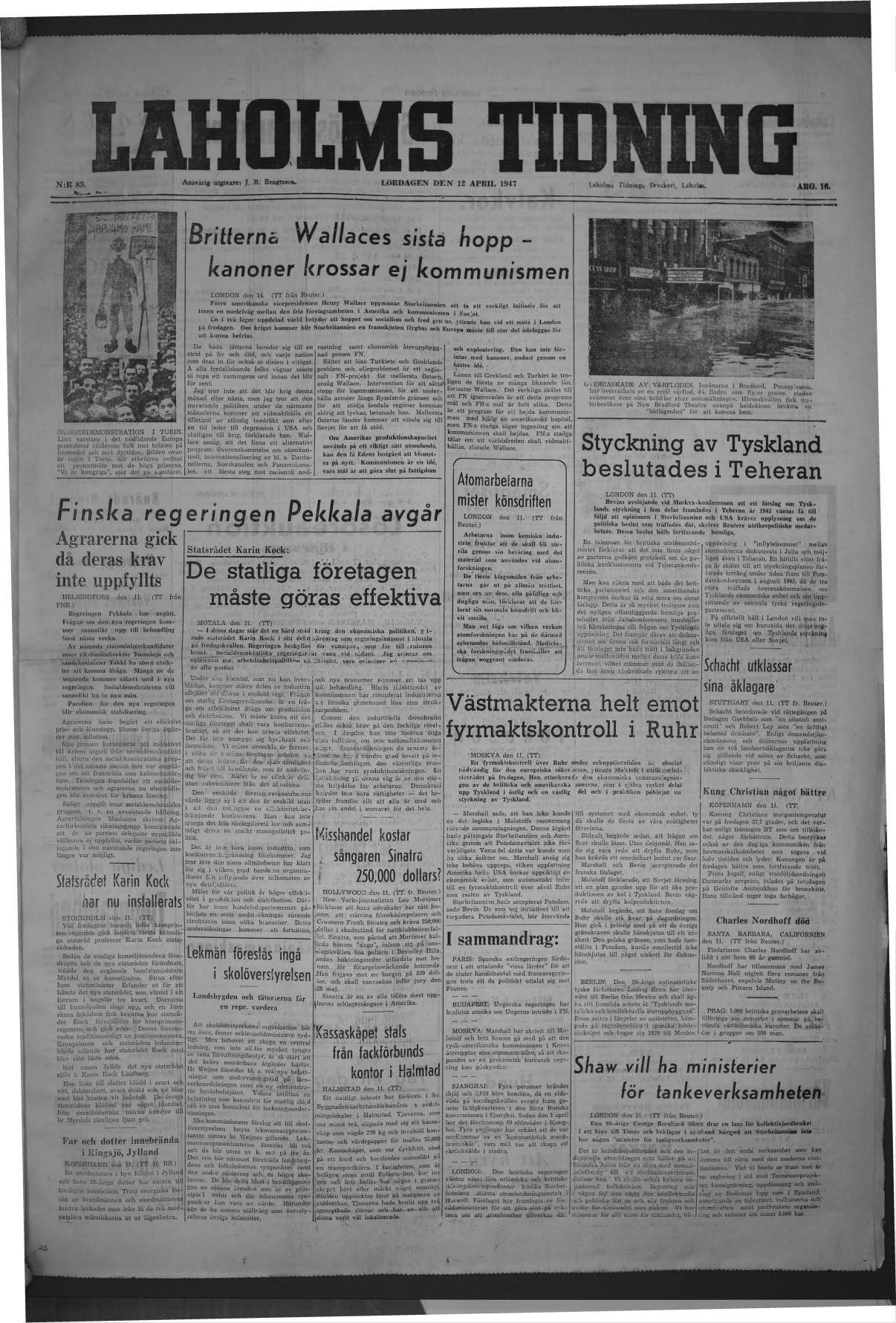Laholms Tidning Lördag 12 april 1947, sida 1