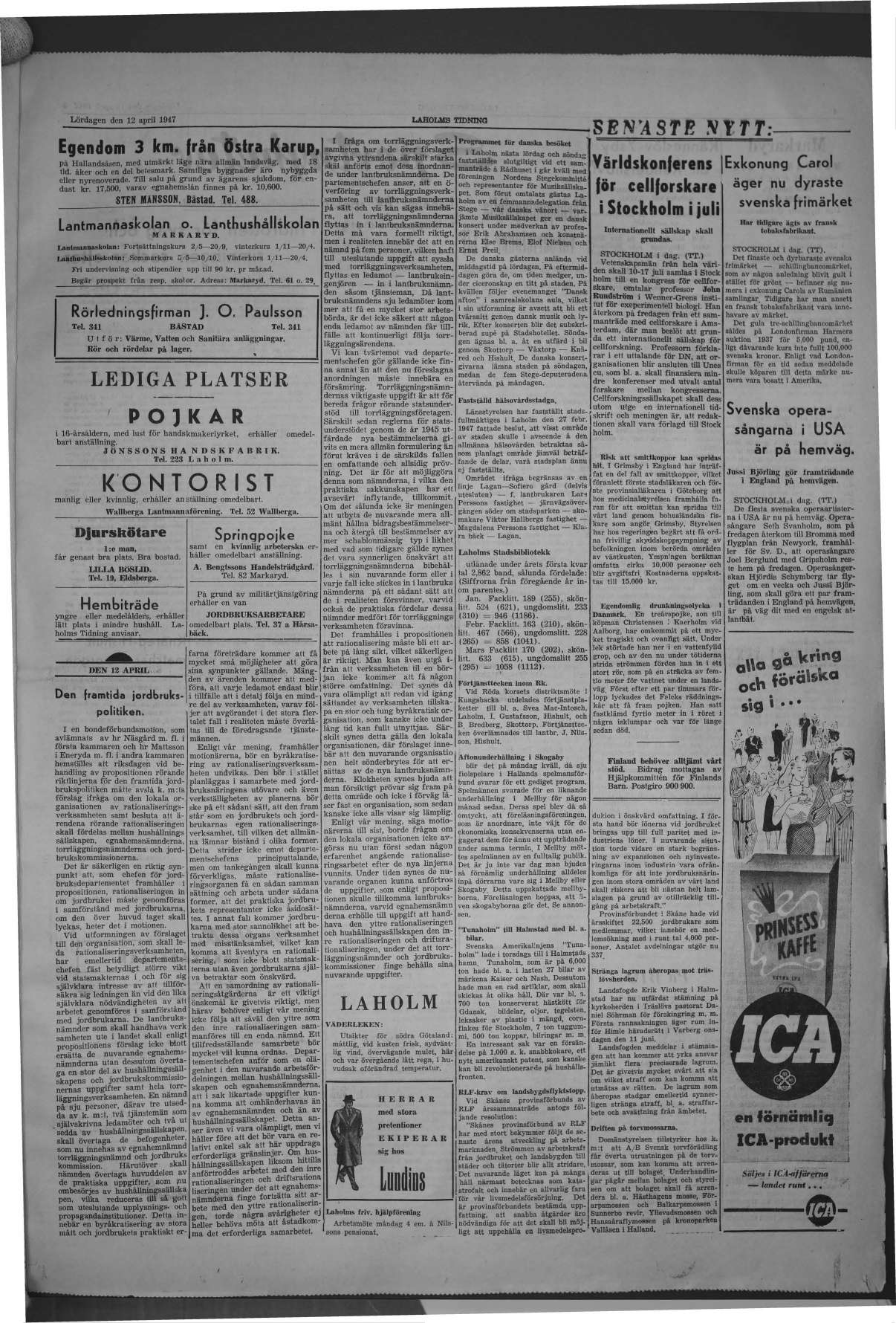Laholms Tidning Lördag 12 april 1947, sida 3