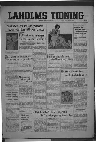 Förstasidan, Tisdag 12 augusti 1947