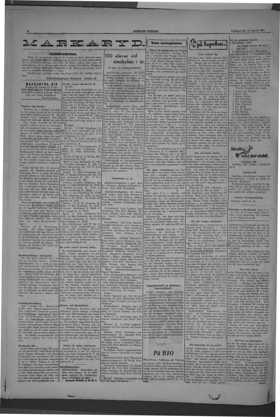 Laholms Tidning Tisdag 12 augusti 1947, sida 4
