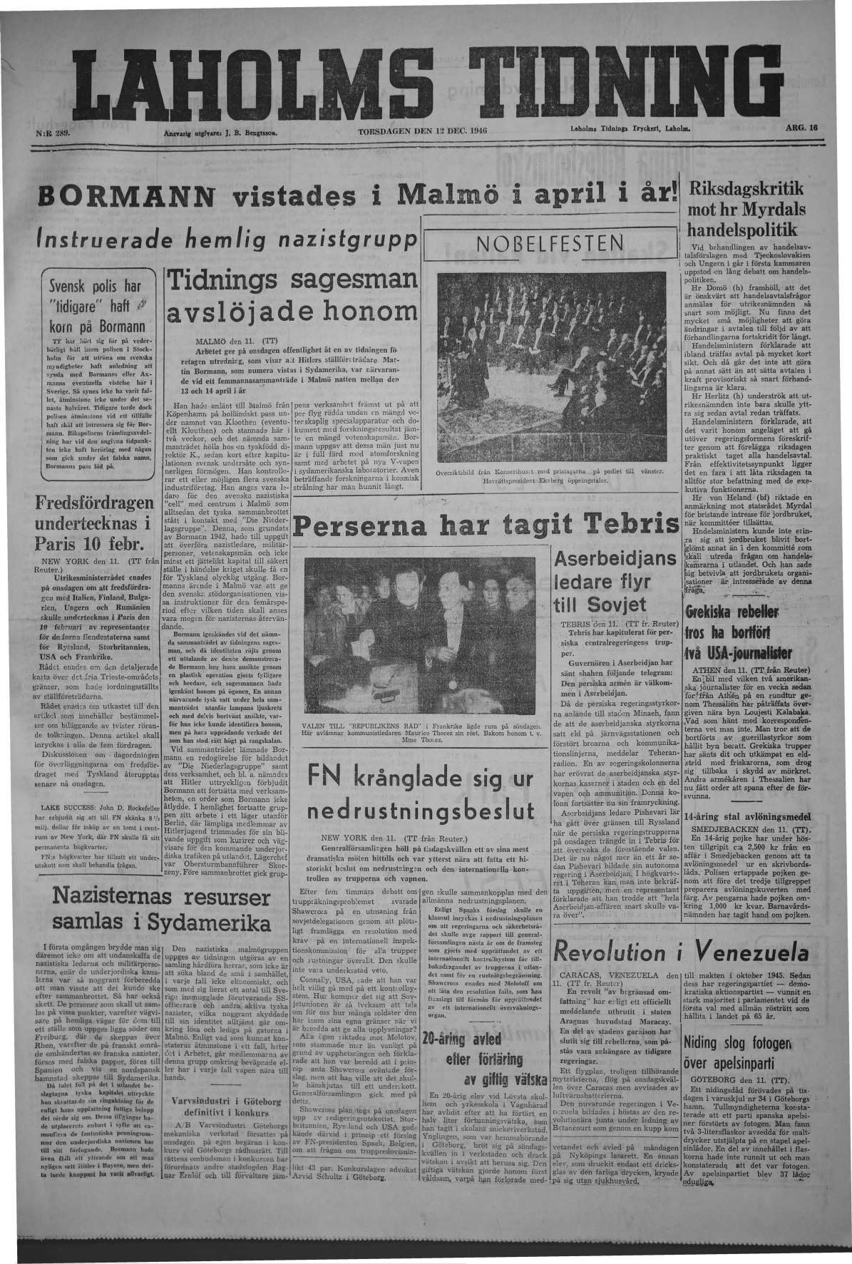 Laholms Tidning Torsdag 12 december 1946, sida 1